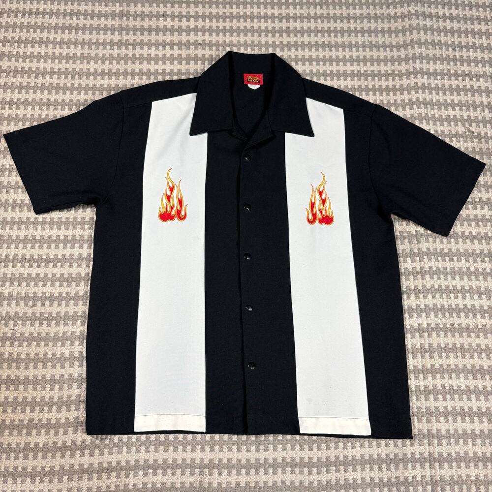 Vintage Venue Led Sled Rockabilly Flame Embroidered‎ Bowling Shirt Sz L Preowned